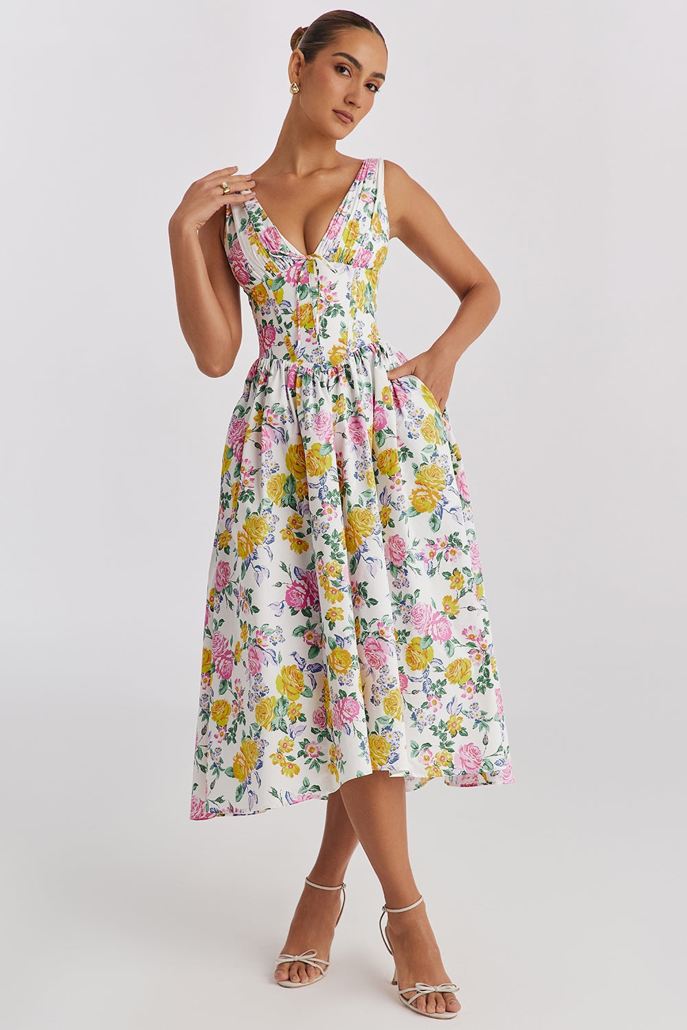Esperanza | Women's Floral V-Neck Sleeveless Midi Dress - Floral - Image 1