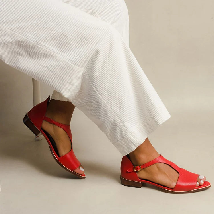 Esperanza | Women's Red Ankle Strap Flat Sandals - Red - Image 1