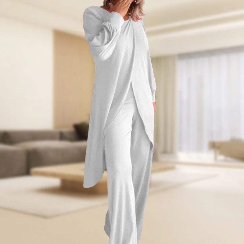 Estelle | Women's Long Sleeve Tunic Wide Leg Pants Set - Light Grey - Image 1