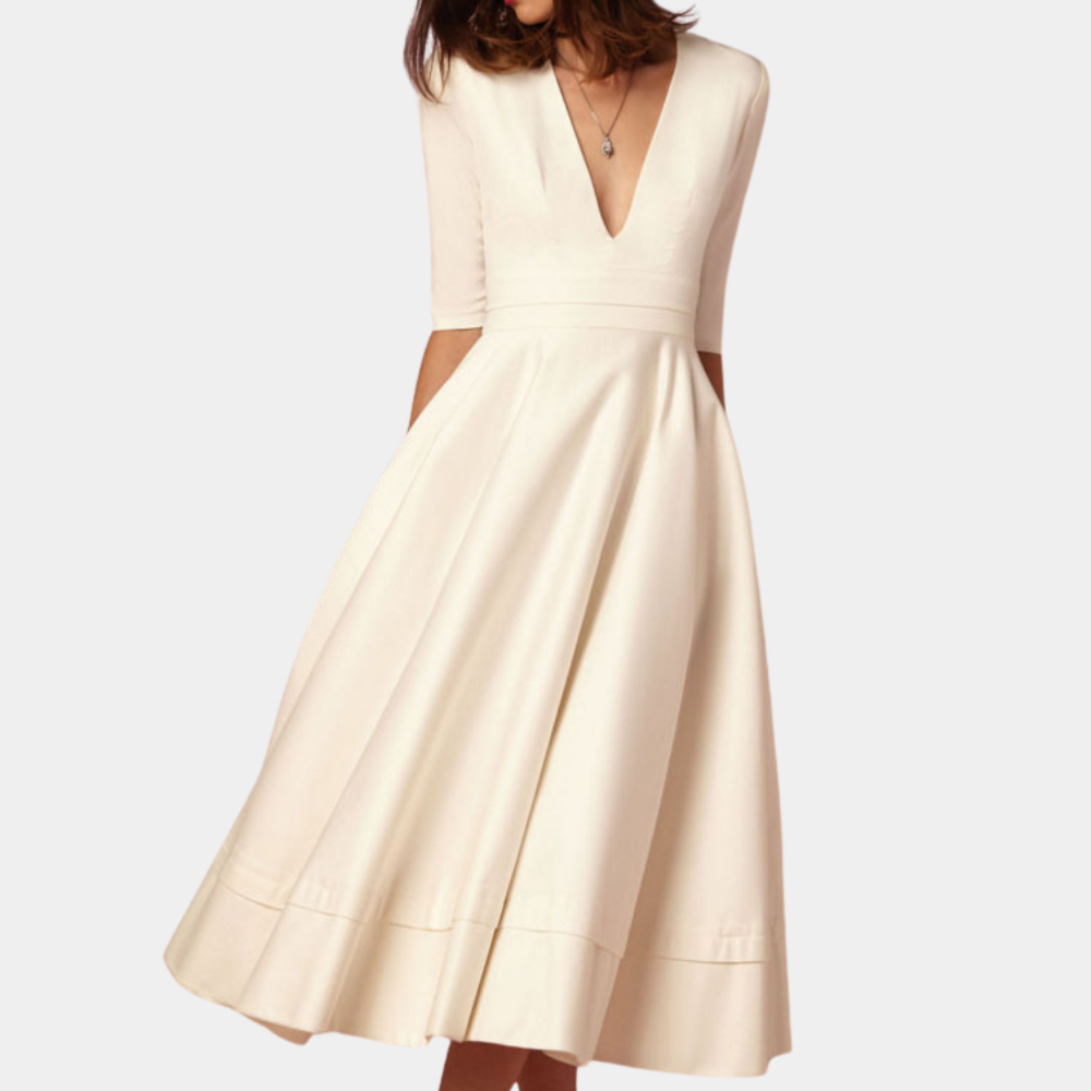 Estelle | Women's V Neck Midi Dress - Beige - Image 1
