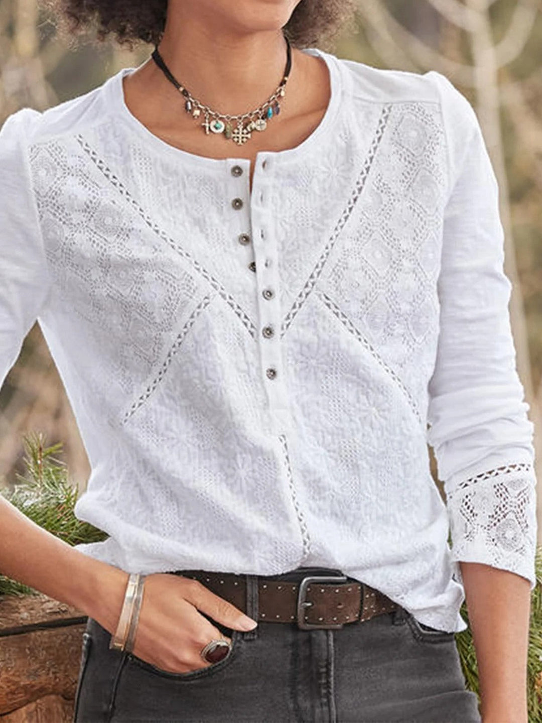 Eudora | Women's Henley Long Sleeve Top with Lace Panel Detail - White - Image 1