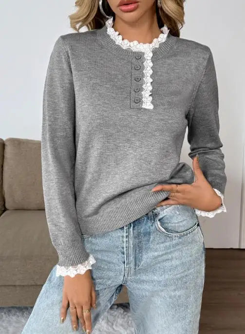 Eudora | Women's Lace Trim Long Sleeve Sweater - Grey - Image 1