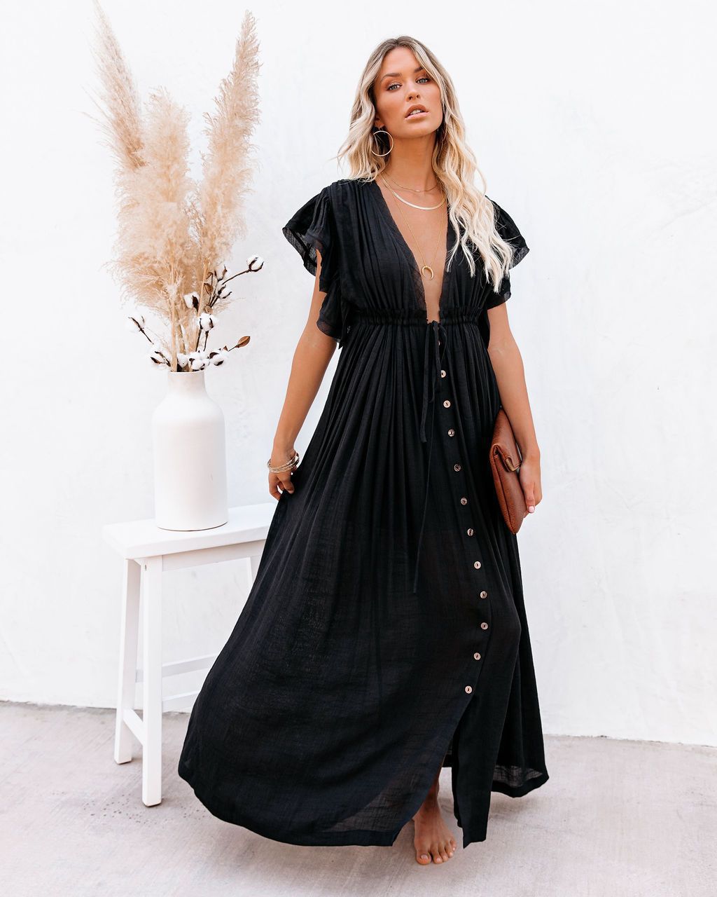 Eudora | Women's V Neck Button Front Maxi Dress - Black - Image 1