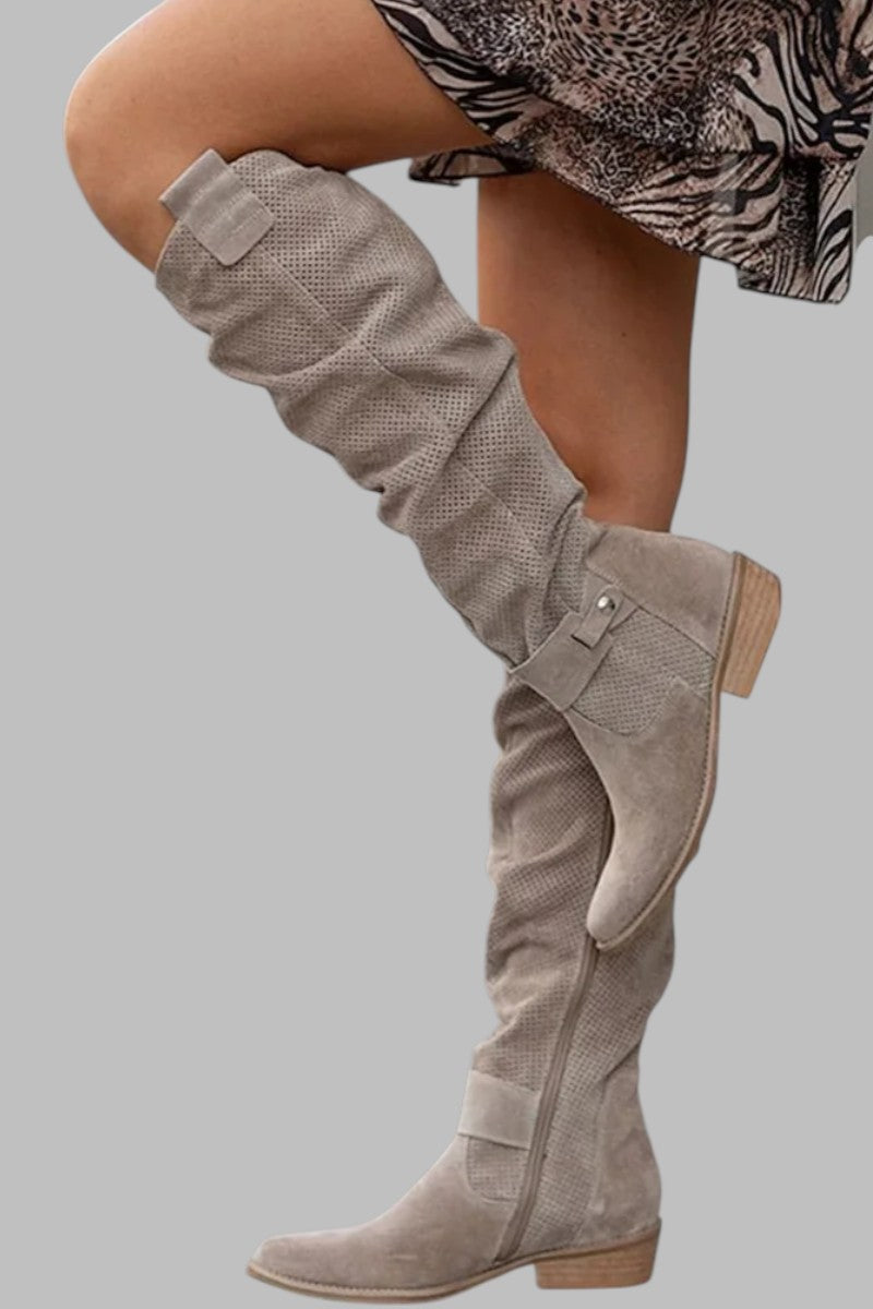 Eudoxia | Women's Buckle Knee High Boots - Beige - Image 1