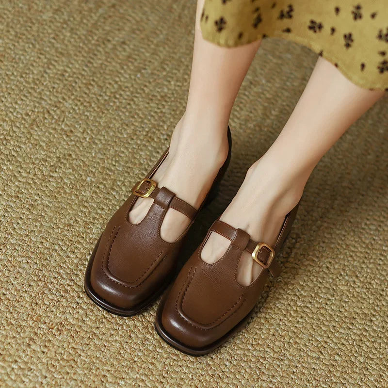 Eugenie | Women's T-Strap Square Toe Mary Jane Shoes - Brown - Image 1
