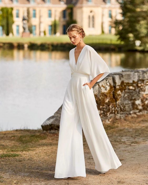 Eugenie | Women's V-Neck Wide Leg Jumpsuit - White - Image 1