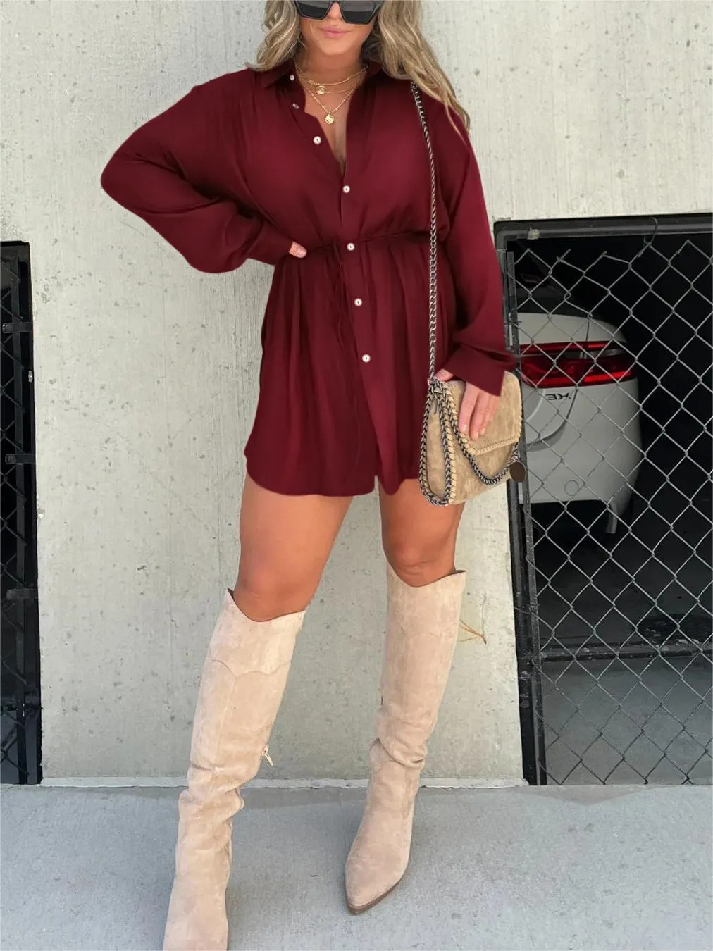 Eulalia | Women's Button Front Mini Shirt Dress - Burgundy - Image 1