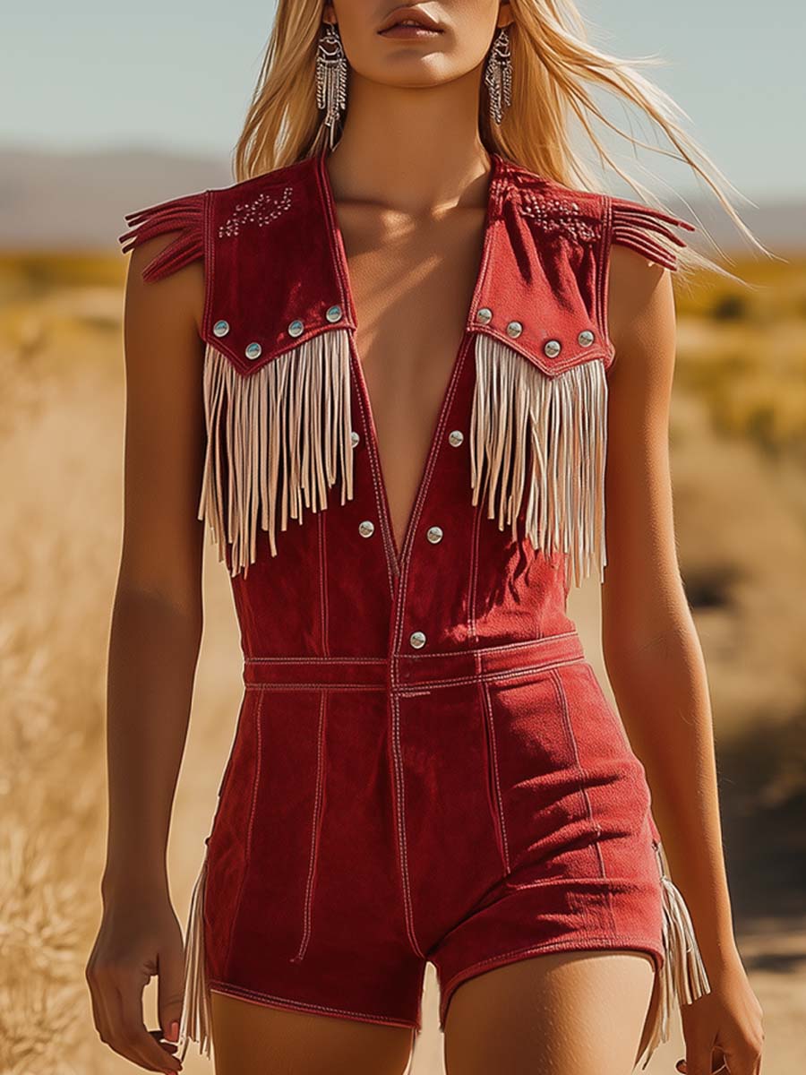 Eulalia | Women's Fringe V-Neck Sleeveless Jumpsuit - Red - Image 1