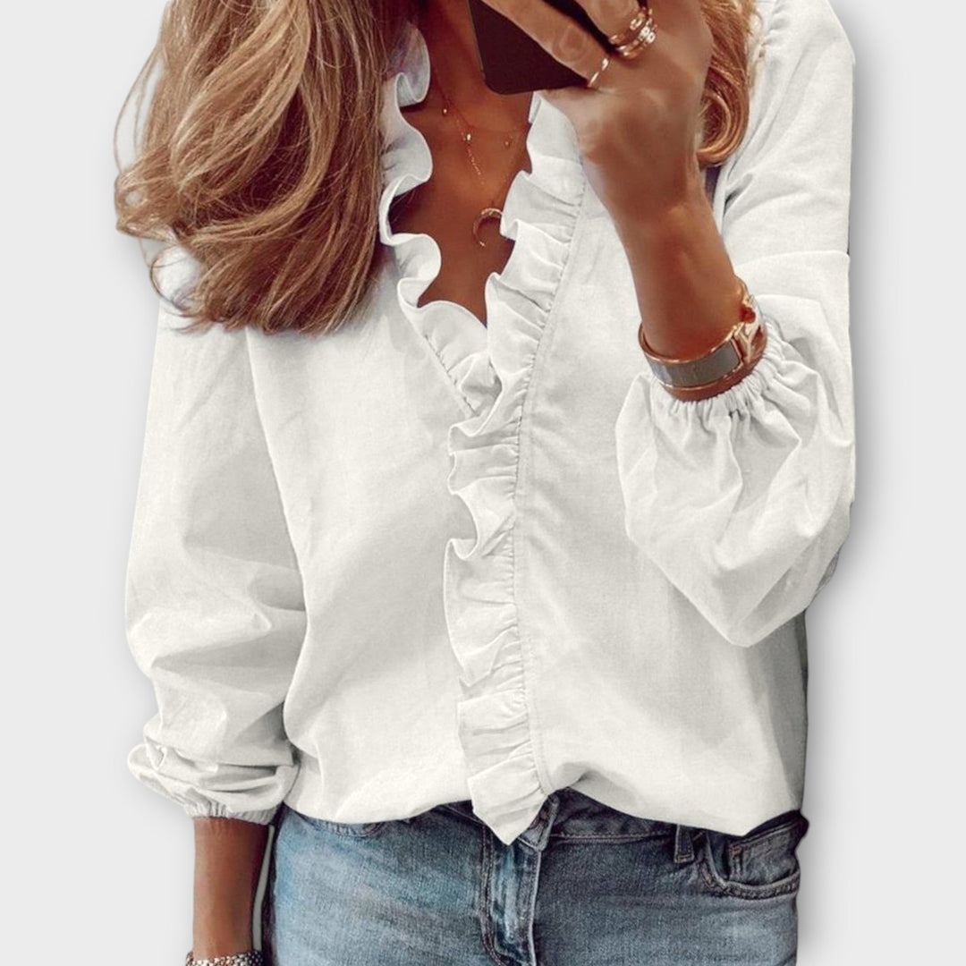 Eulalie | Women's Ruffle Front V-Neck Long Sleeve Blouse - White - Image 1