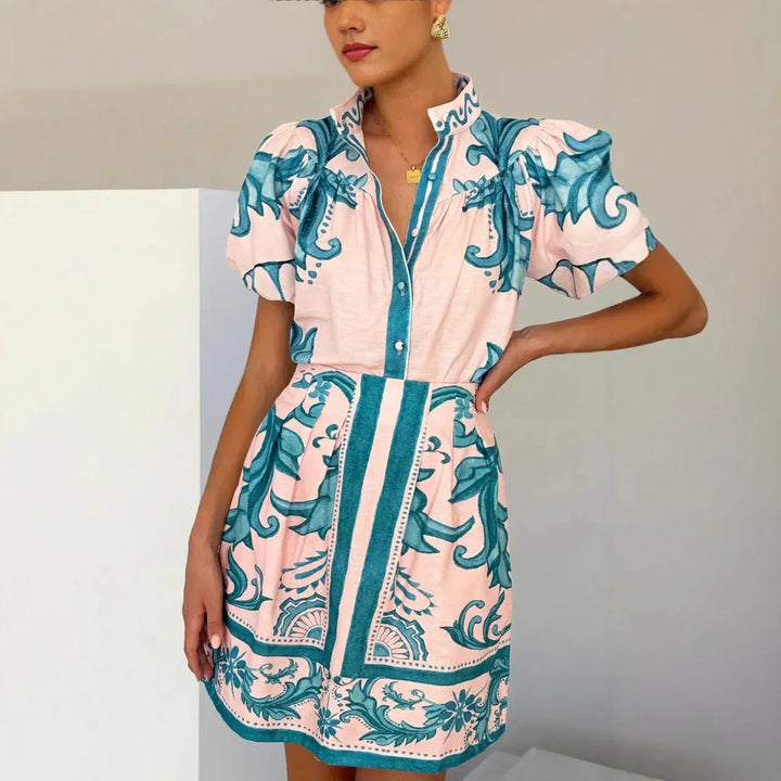 Eulandra | Damen Mini-Kleid mit Puffärmeln und Blumenmuster - Pink - Bild 4