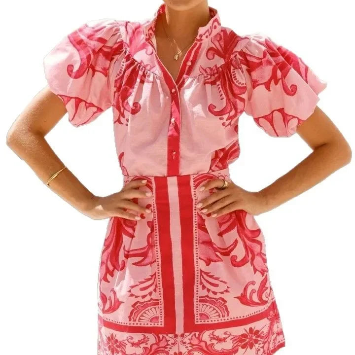 Eulandra | Damen Mini-Kleid mit Puffärmeln und Blumenmuster - Pink - Bild 8