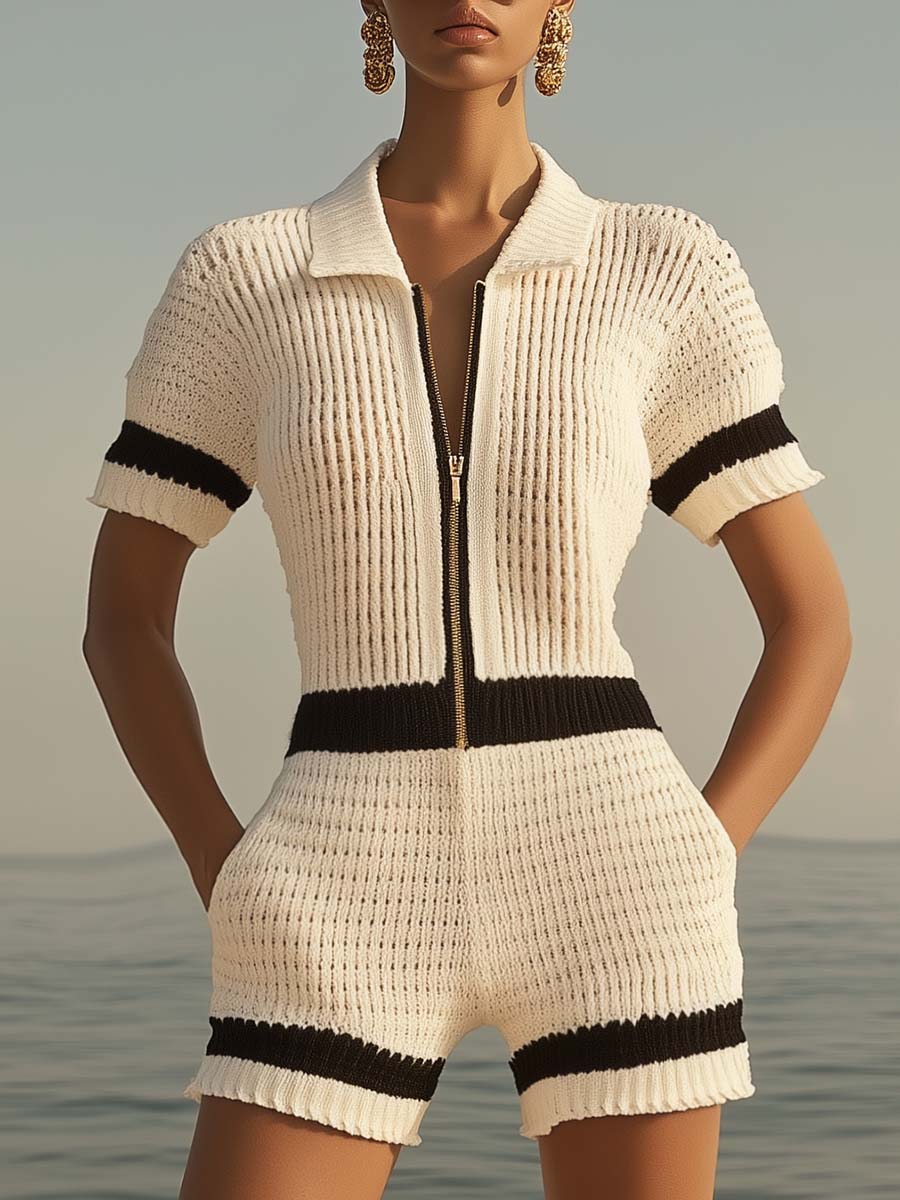 Euphemia | Women's Zip Front Short Sleeve Jumpsuit - Beige - Image 1