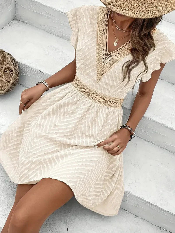 Evangalynne | Damen Spitzen-Minikleid mit V-Ausschnitt - Champagner - Bild 5