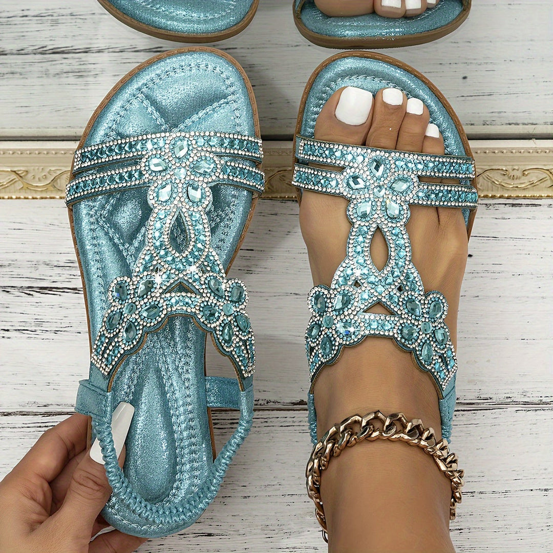 Evangelia | Women's Rhinestone Strappy Sandals - Teal - Image 1