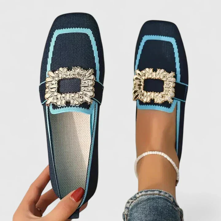 Evangelia | Women's Square Buckle Navy Loafers - Navy - Image 1