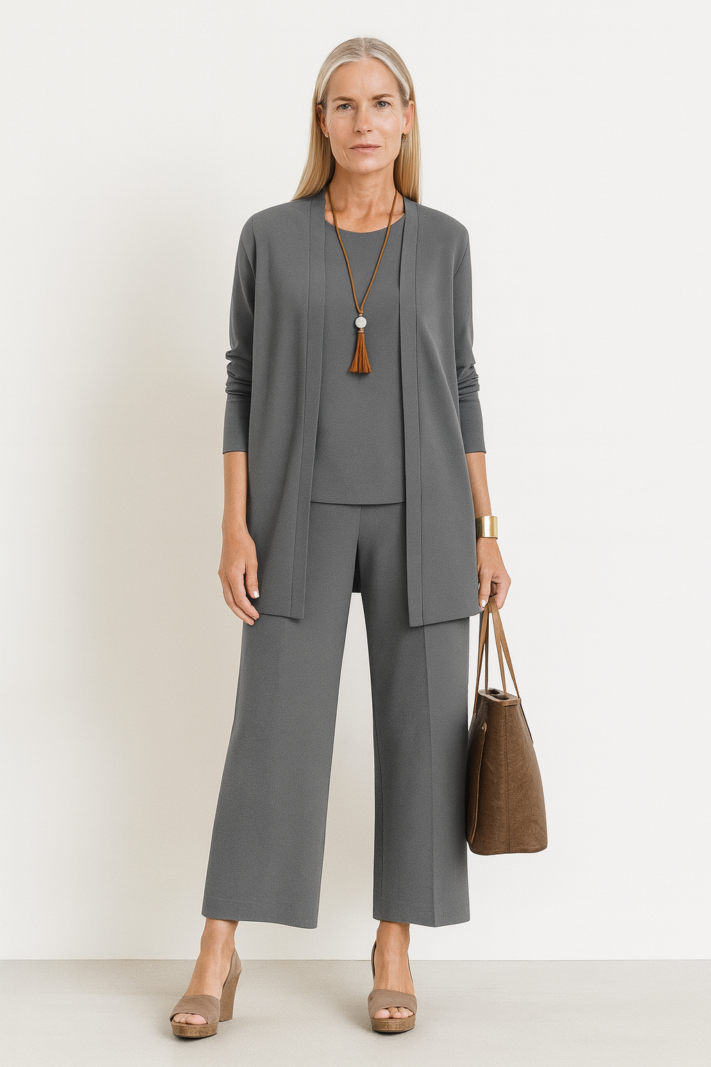 Evangeline | Women's 3 Piece Cardigan Tank Wide Leg Pants Set - Grey - Image 1