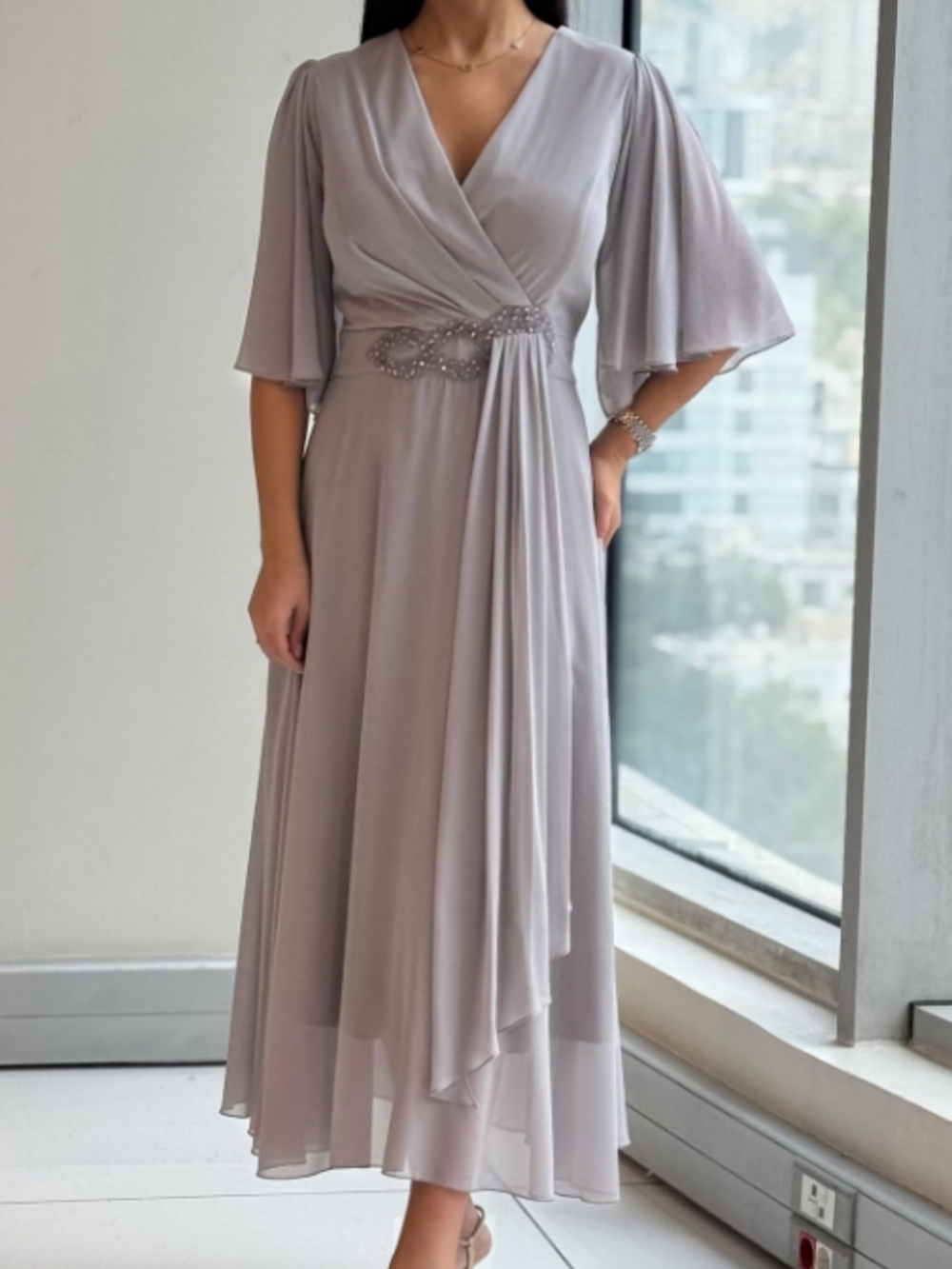 Evangeline | Women's V-Neck Wrap Maxi Dress - Beige - Image 1