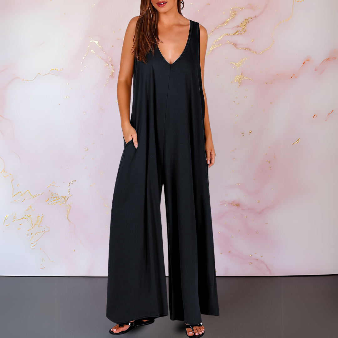 Evelina | Women's V-Neck Sleeveless Wide Leg Jumpsuit - Black - Image 1