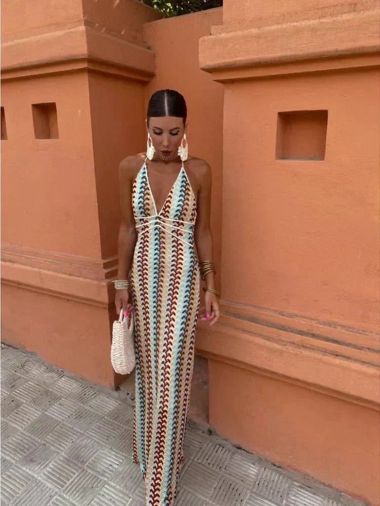 Evelynn | Women's Halter Neck Geometric Maxi Dress - Image 1
