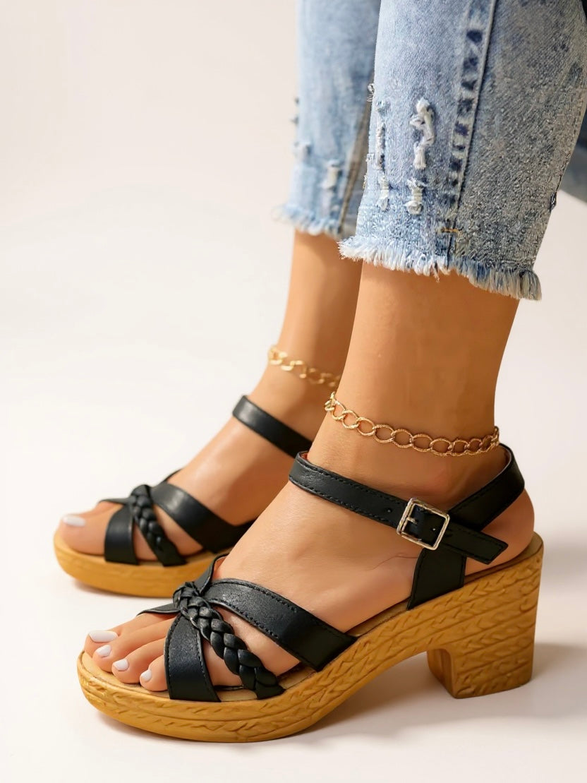 Felicita | Women's Platform Block Heel Braided Sandals - Black - Image 1