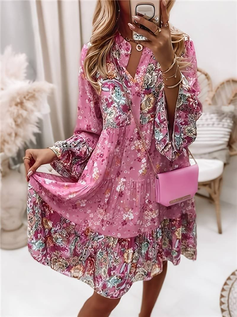 Felicity | Women's Floral V-Neck Long Sleeve Midi Dress - Pink - Image 1