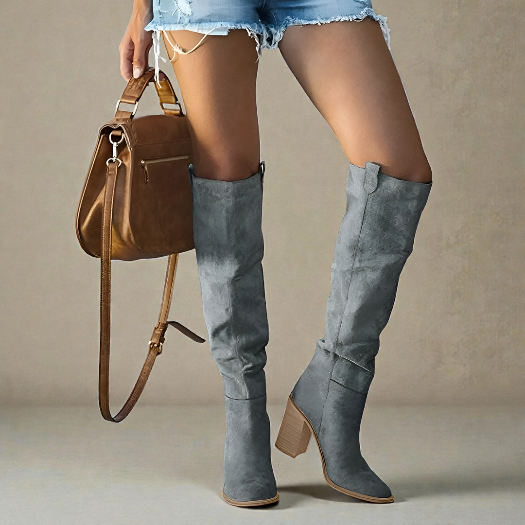 Florence | Women's Grey Knee High Block Heel Boots - Grey - Image 1