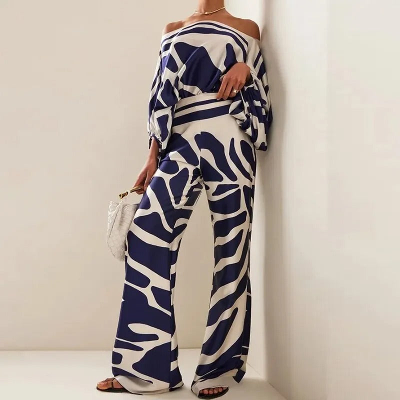 Florence | Women's Off Shoulder Wide Leg Two Piece Set - Navy - Image 1