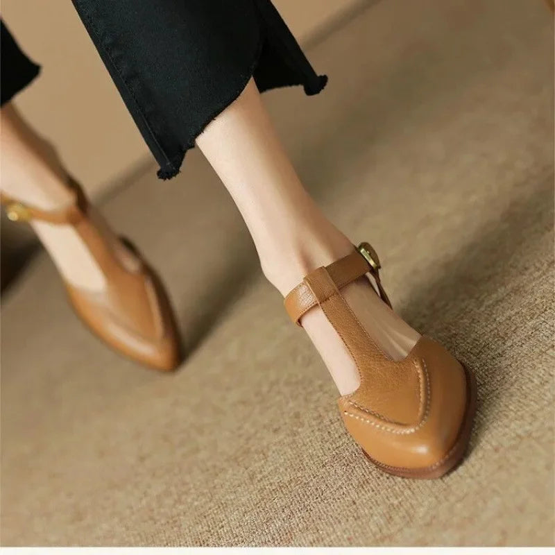 Florence | Women's T-Strap Buckle Low Heel Shoes - Brown - Image 1
