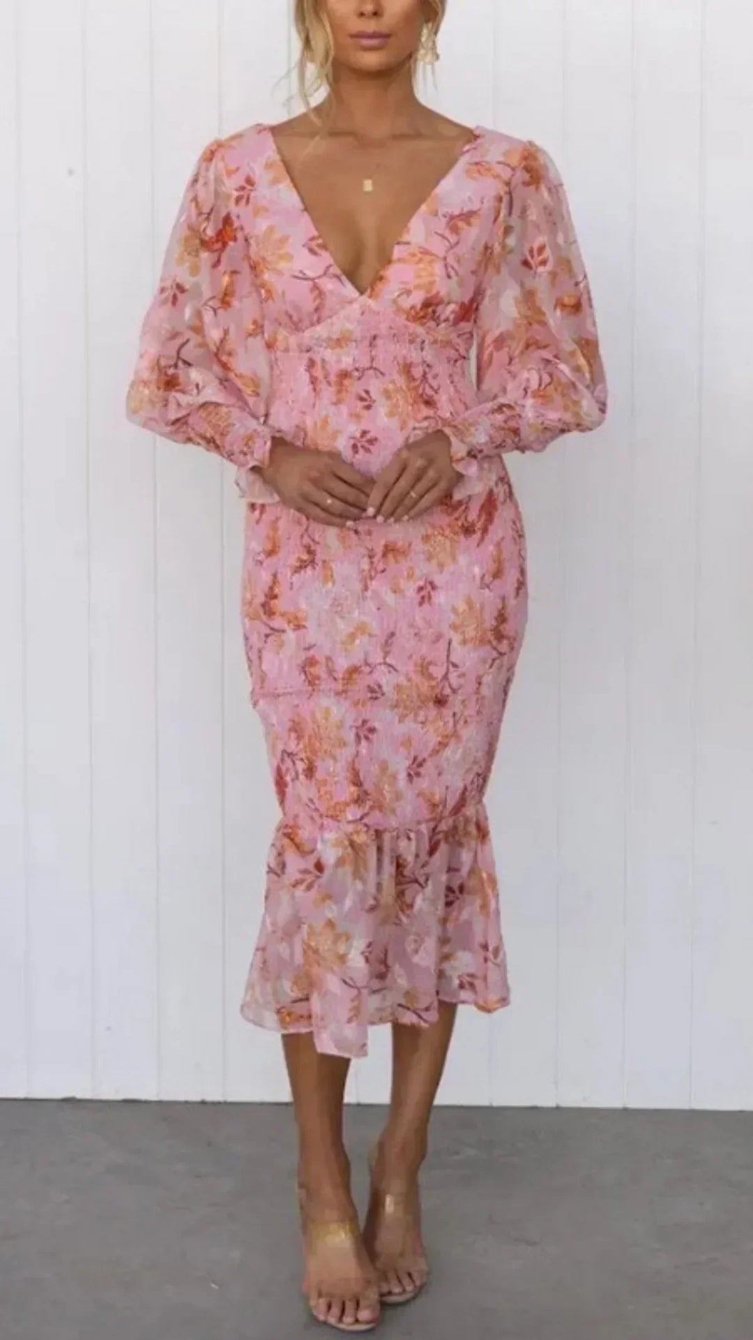 Floriana | Women's Floral Wrap Long Sleeve Midi Dress - Pink - Image 1