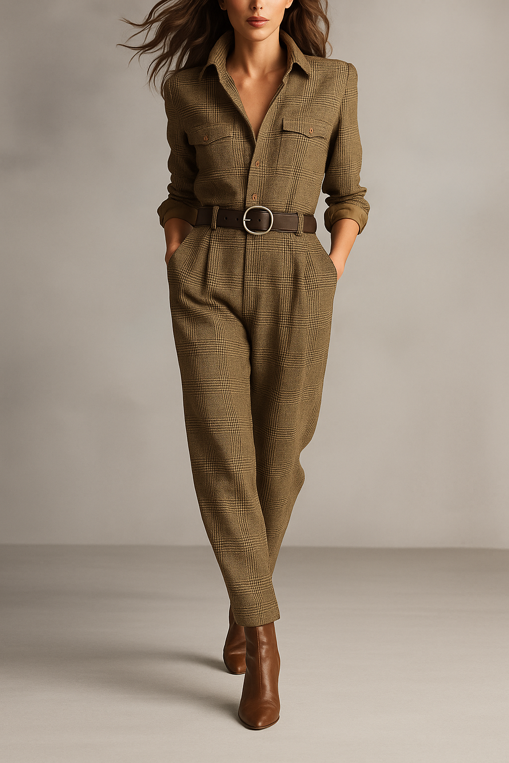 Francesca | Women's Check Long Sleeve Jumpsuit - Brown - Image 1