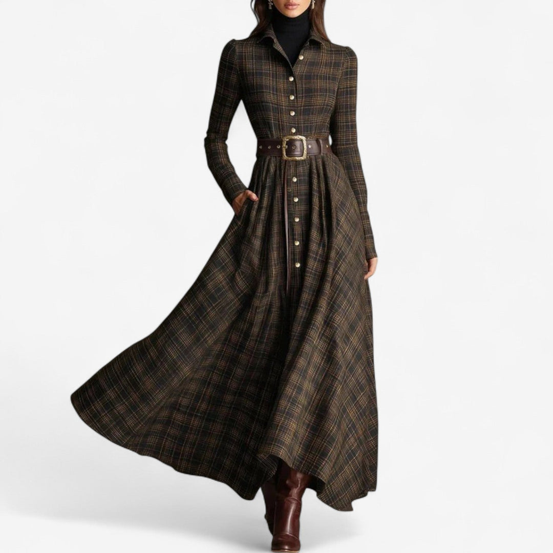 Francine | Women's Checked Long Sleeve Shirt Dress - Brown - Image 1
