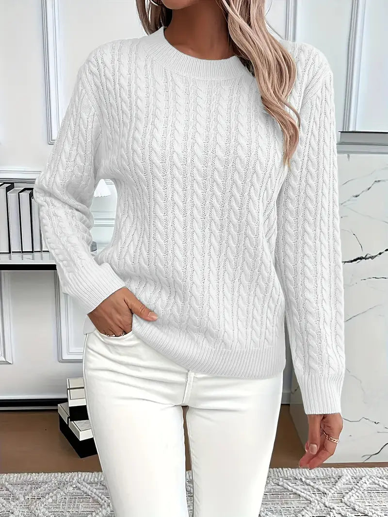 Freya | Women's Cable Knit Crew Neck Jumper - White - Image 1
