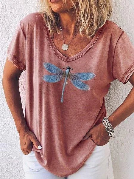 Freya | Women's Dragonfly Print V-Neck Short Sleeve Tee - Pink - Image 1