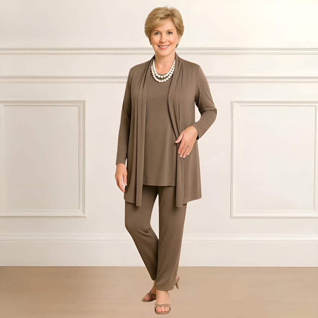 Galatea | Women's Longline Cardigan Top & Pants Set - Khaki - Image 1