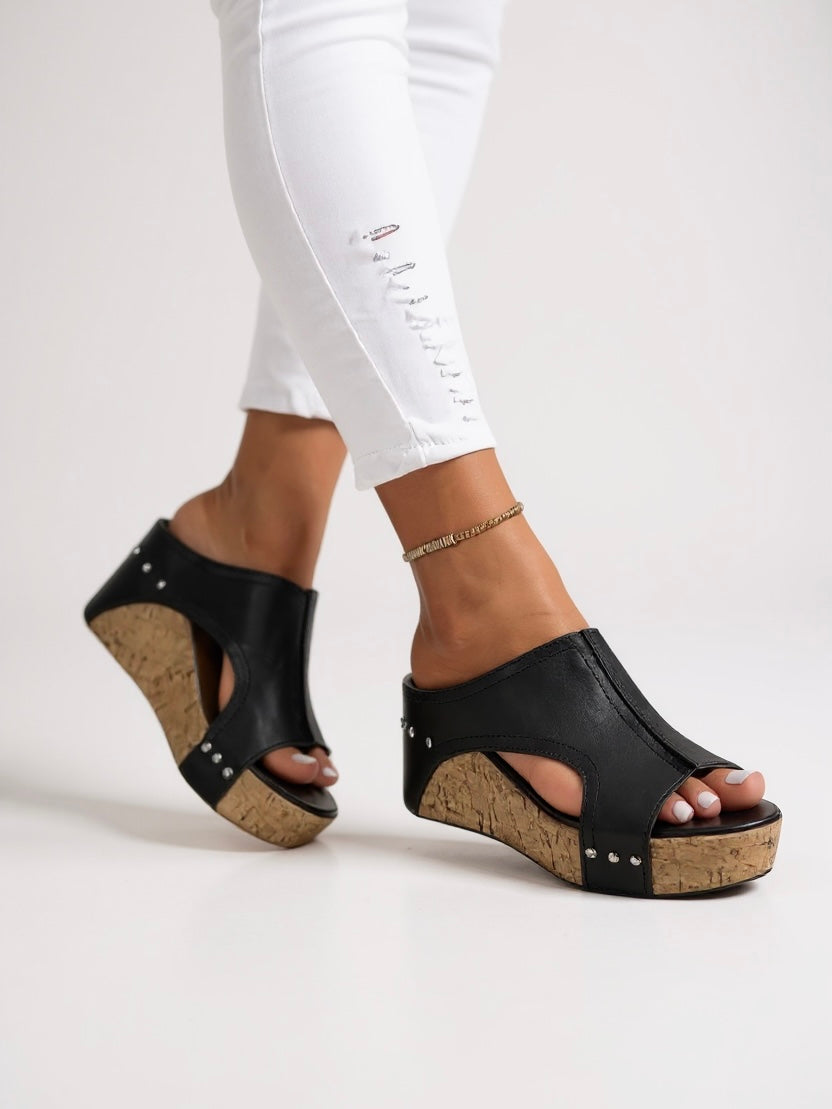 Galilea | Women's Black Cork Wedge Sandals - Black - Image 1