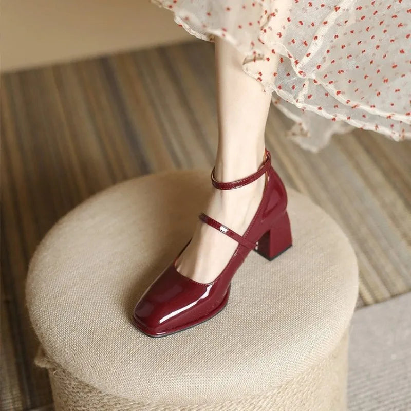 Genevieve | Women's Ankle Strap Mary Jane Heels Square Toe - Burgundy - Image 1