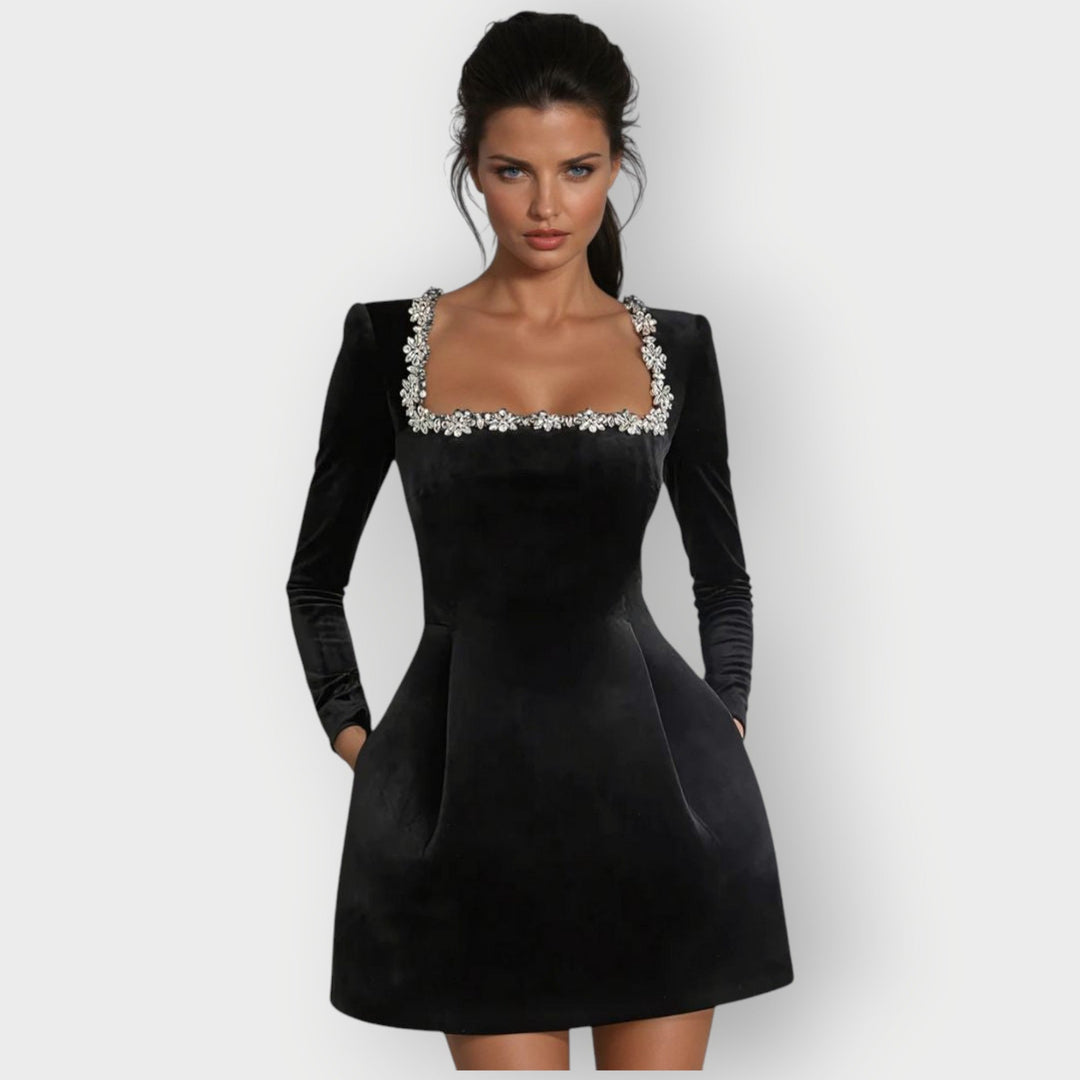 Gwendolyn | Women's Square Neck Long Sleeve Mini Dress - Black - Image 1