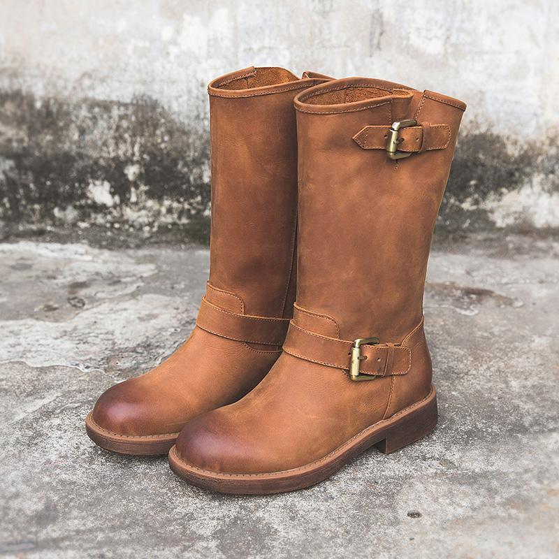 Henrietta | Women's Brown Buckle Knee High Boots - Brown - Image 1