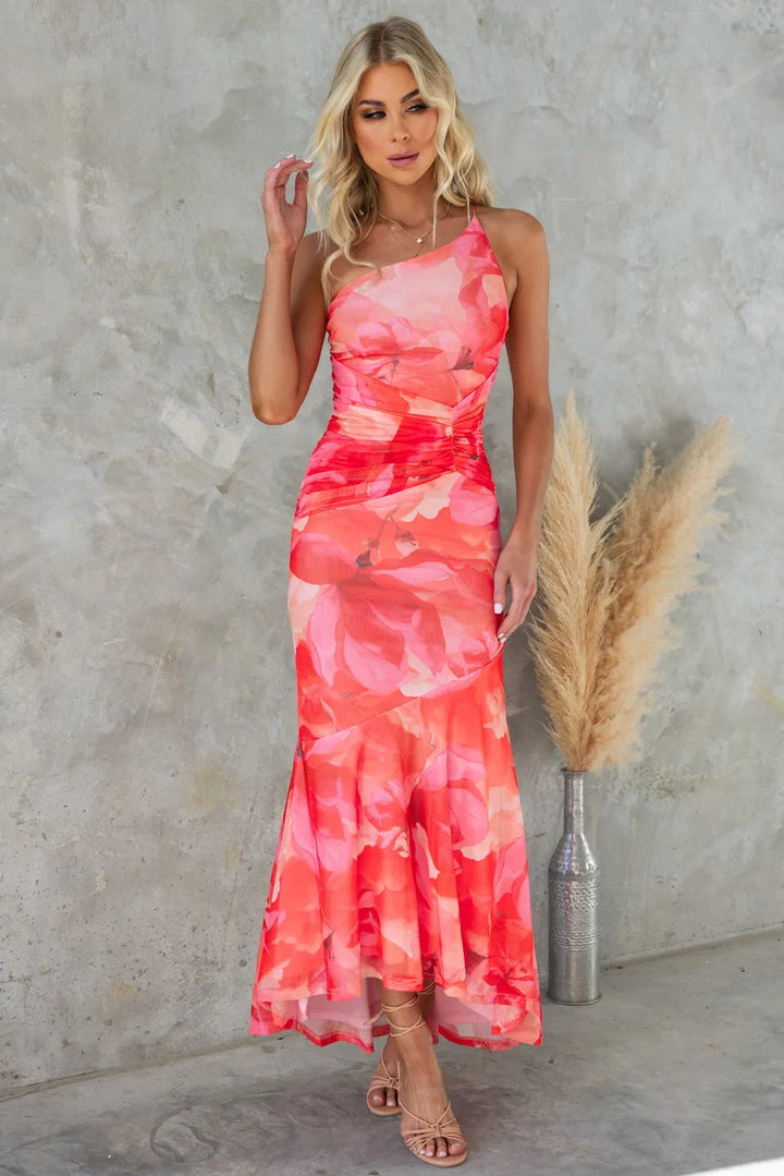 Hermione | Damen Blumenmuster Asymmetrisches Maxikleid - Lila - Bild 2