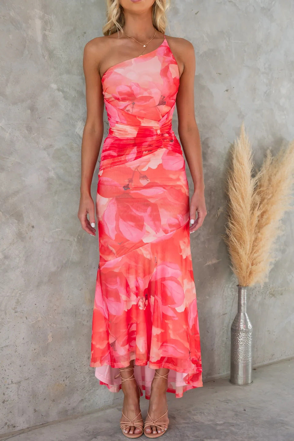 Hermione | Damen Maxikleid mit asymmetrischem Blumenmuster - Lila - Bild 4