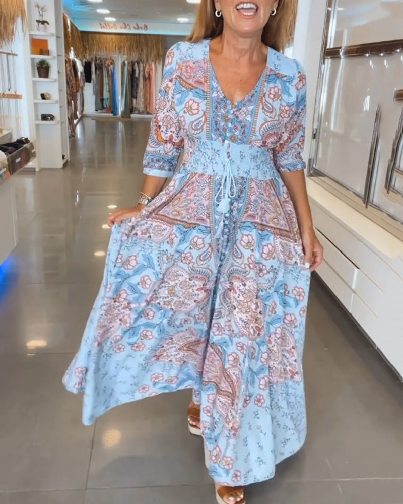 Hermione | Women's Paisley V-Neck Maxi Dress 3/4 Sleeve - Blue - Image 1