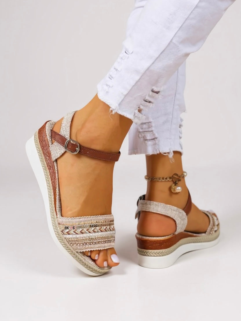 Imogen | Women's Beaded Strappy Wedge Sandals - Beige - Image 1