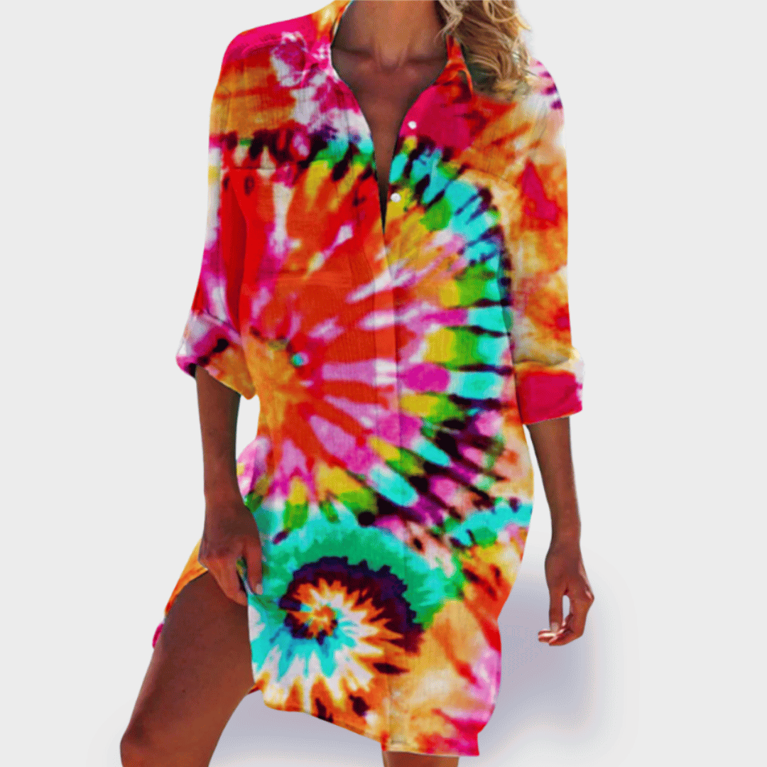 Indira | Women's Tie Dye Short Sleeve Shirt Dress - Image 1