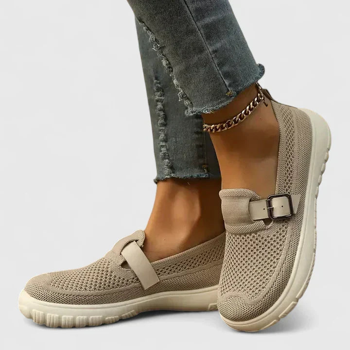Inez | Women's Slip On Buckle Strap Sneakers - Beige - Image 1