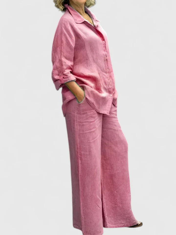 Ione | Women's Button Down Shirt Wide Leg Pants Set - Pink - Image 1