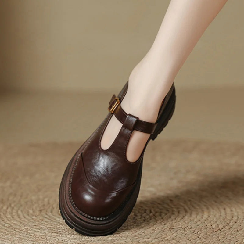 Iphigenia | Women's T-Bar Mary Jane Brogue Shoes - Brown - Image 1