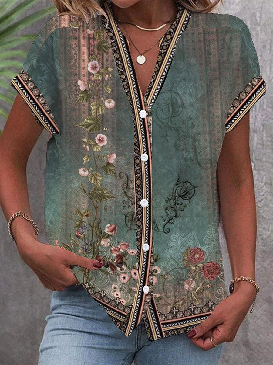 Isabelle | Women's Floral V-Neck Short Sleeve Blouse - Teal - Image 1