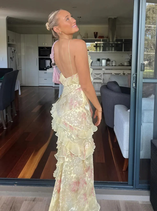 Isadora | Damen Maxikleid mit Blumenmuster, Rüschen, V-Ausschnitt und Spaghettiträgern – Blumenmuster – Bild 2