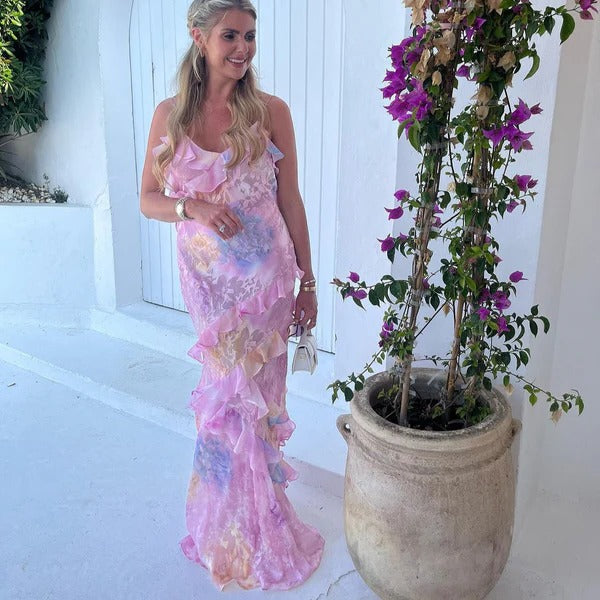 Isadora | Damen Maxikleid mit Blumenmuster, Rüschen, V-Ausschnitt und Spaghettiträgern – Blumenmuster – Bild 5