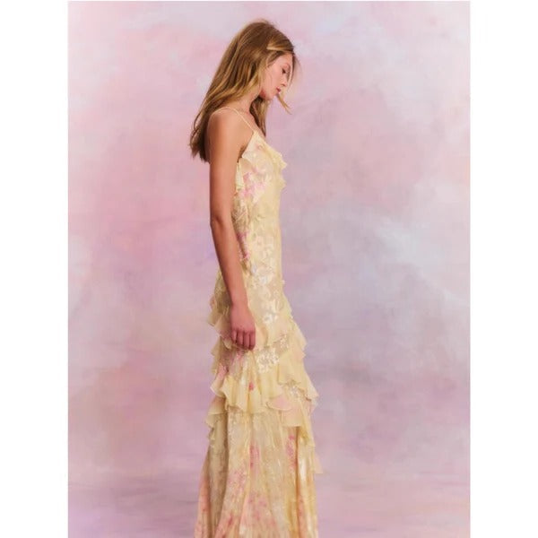 Isadora | Damen Maxikleid mit Blumenmuster, Rüschen, V-Ausschnitt und Spaghettiträgern – Blumenmuster – Bild 6